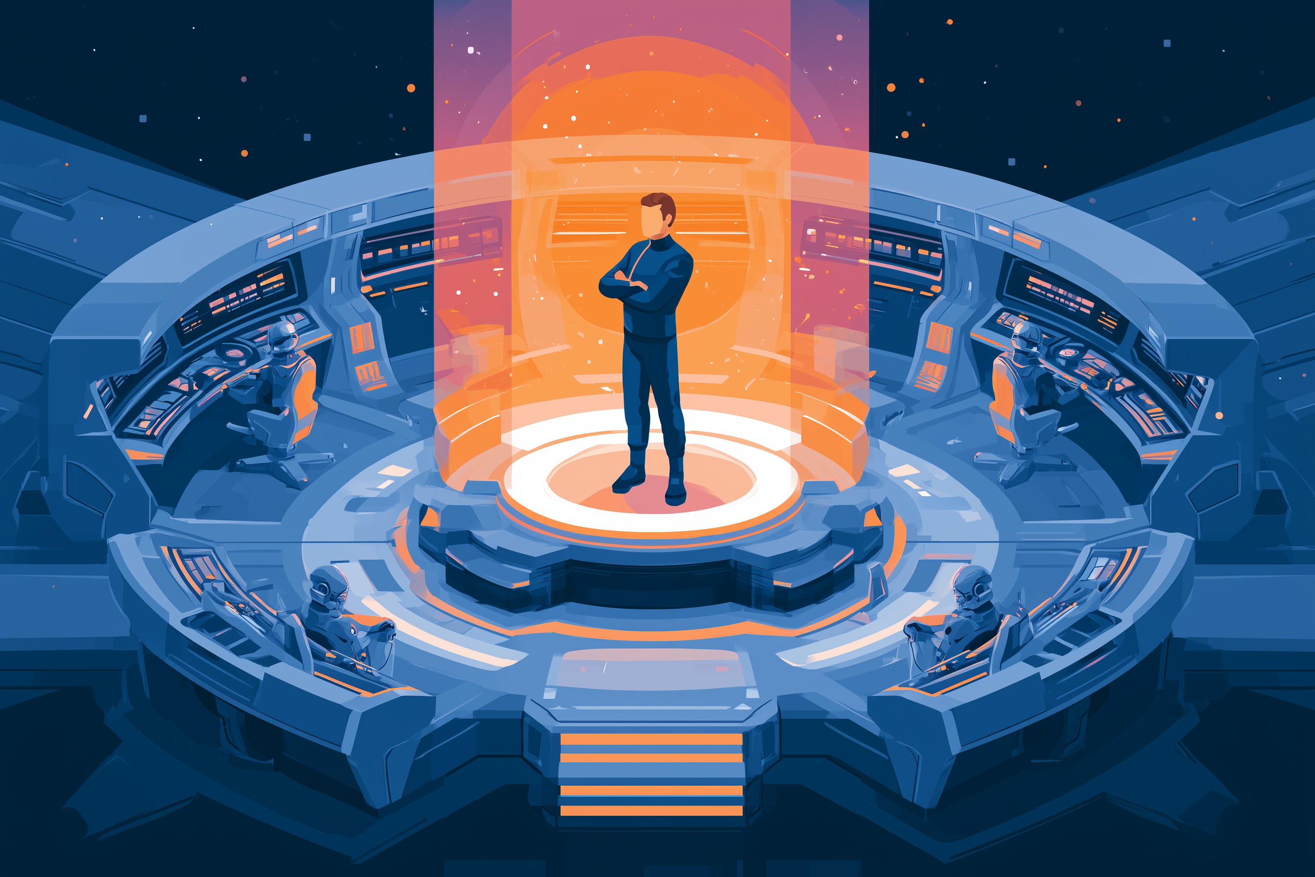 Illustration of a person directing computers in a futuristic control room