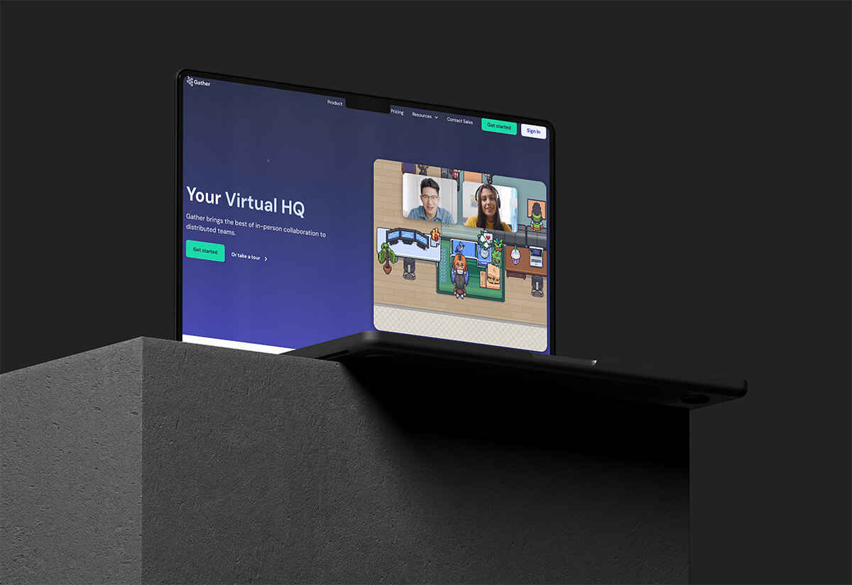 Gather virtual office website displayed on a laptop