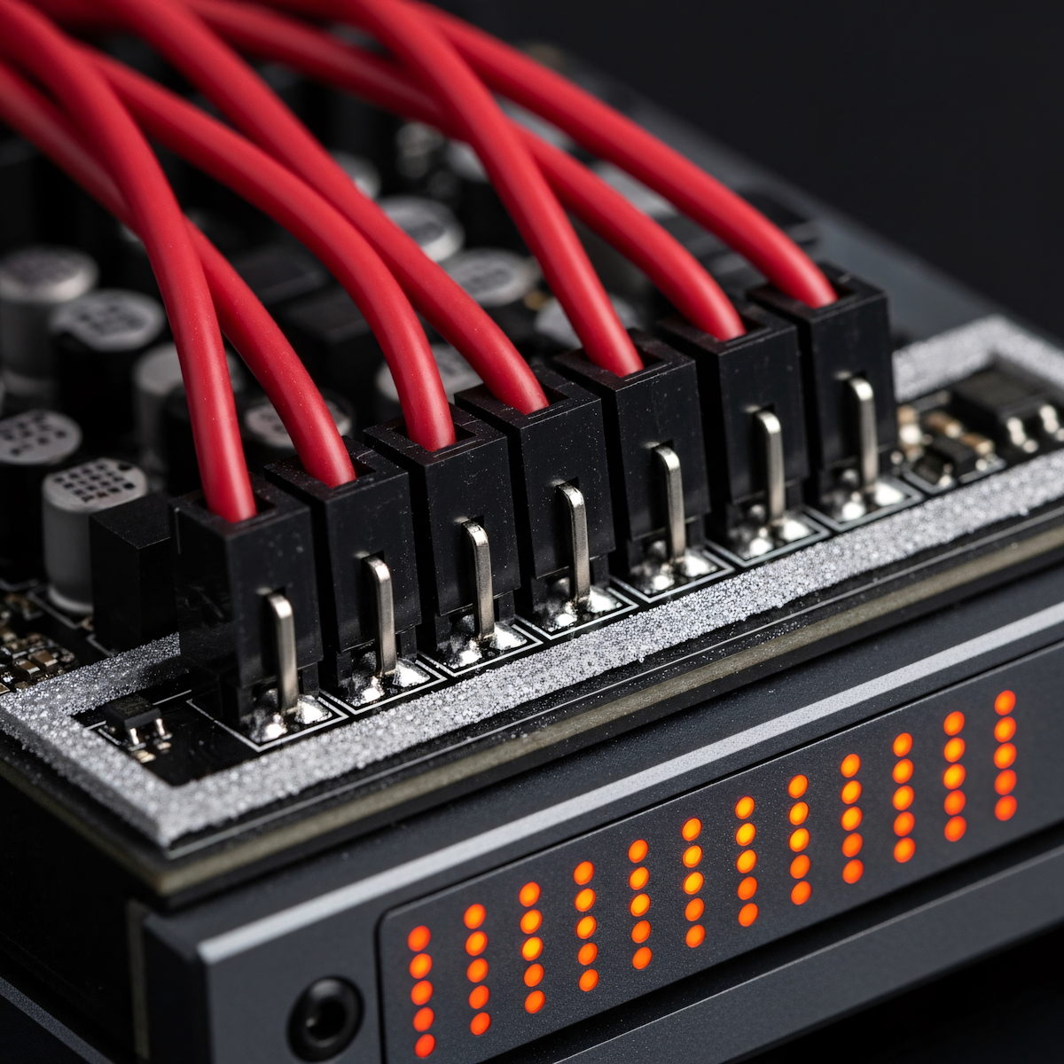 Red data cables connected to a circuit board